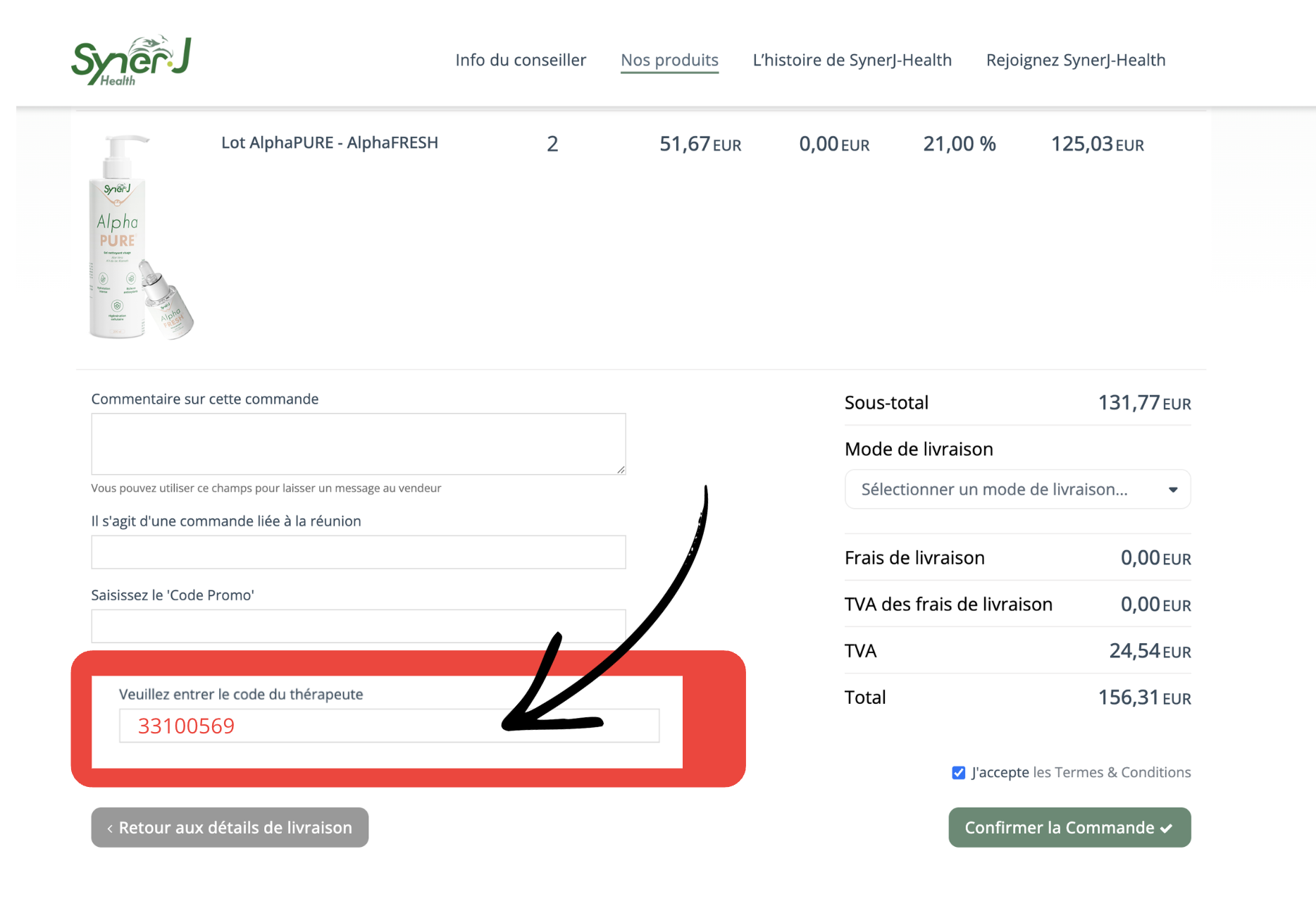 Indication de l'emplacement du code thérapeute lors de la commande SynerJ-Health